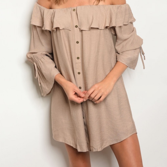 LAST 1! OFF SHOULDER/ BELL SLEEVE TAN SHIRT DRESS - Picture 5 of 5